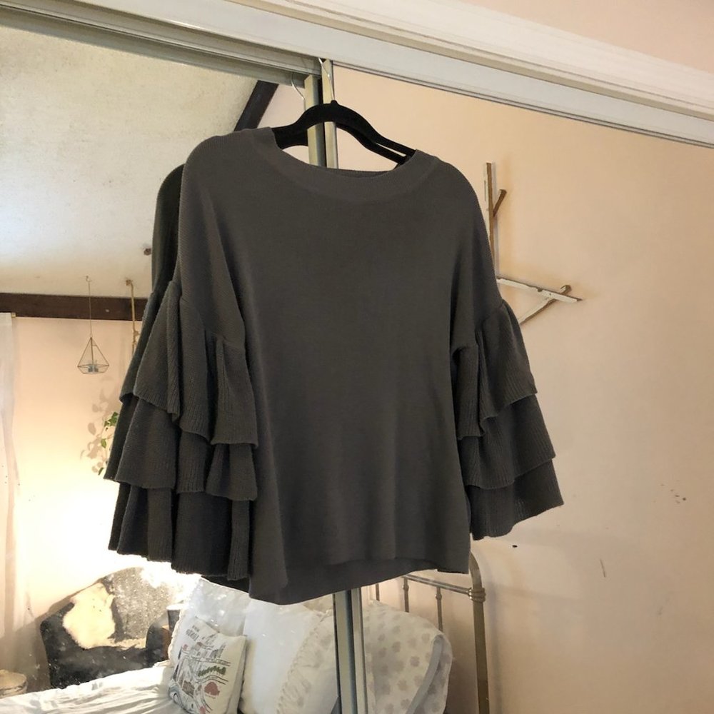 Grey Ruffle Sleeve Sweater